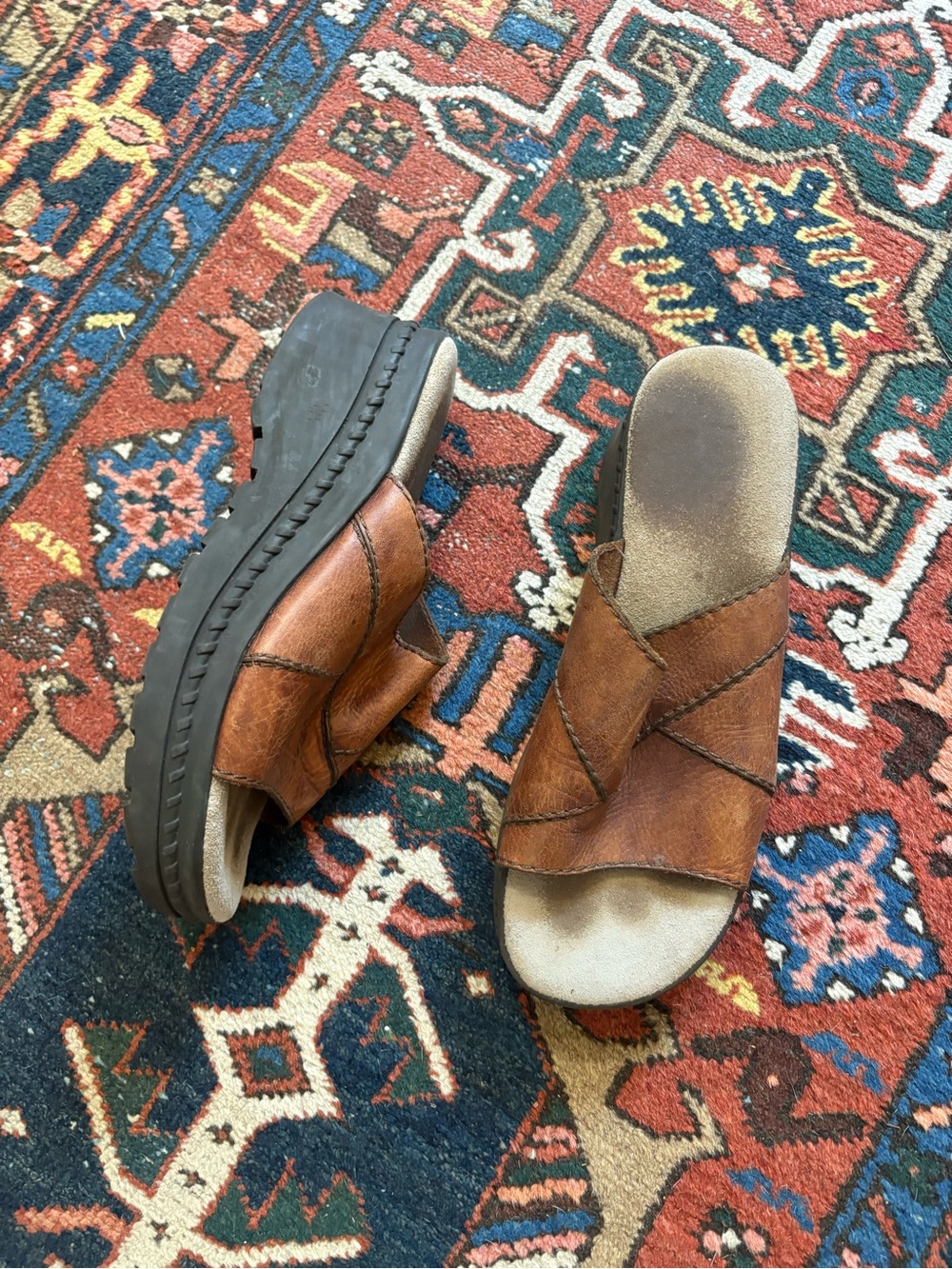 Vintage Y2K MIA Brown Leather chunky platform wedge Crisscross Slide Sandals 8.5
